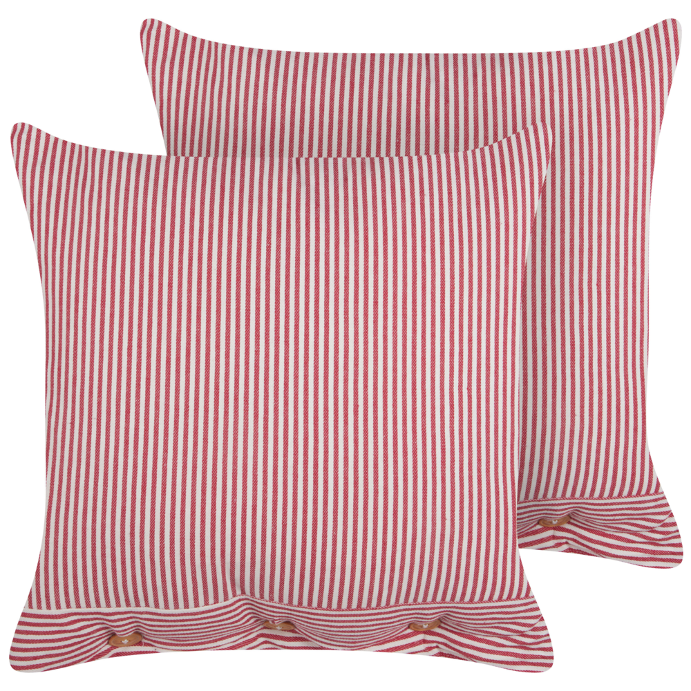 Set di 2 cuscini decorativi in cotone rosso e bianco 45 x 45 cm con motivo a strisce e bottoni Accessori decorativi retrò Camera da letto Soggiorno
