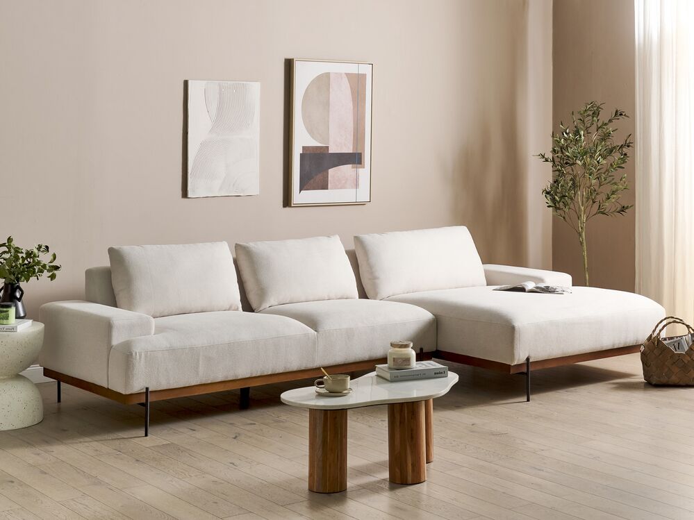 Divano angolare sinistro in tessuto Beige Tessuto Gambe in metallo 3 posti Stile minimalista