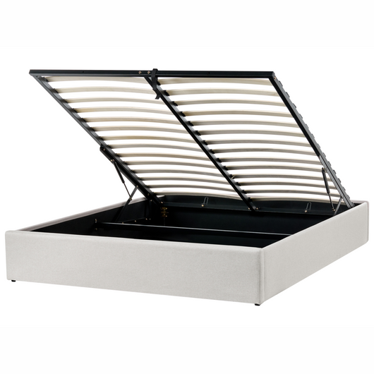 Letto matrimoniale con contenitore in tessuto beige chiaro 160 x 200 cm portaoggetti stile moderno