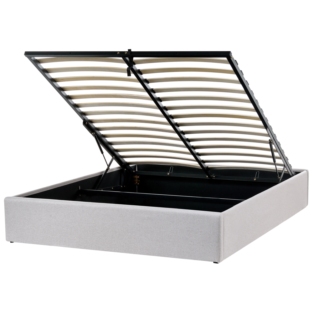 Letto matrimoniale con contenitore in tessuto grigio chiaro 160 x 200 cm portaoggetti stile moderno