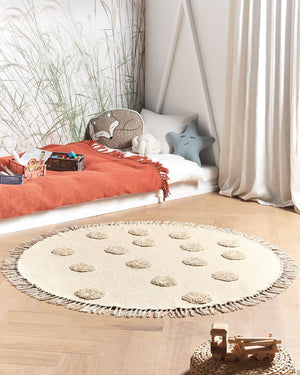 Tappeto Beige Cotone ø 140 cm Rotondo Nappe Decorative Stile Boho Soggiorno Bambini Camera dei Bambini