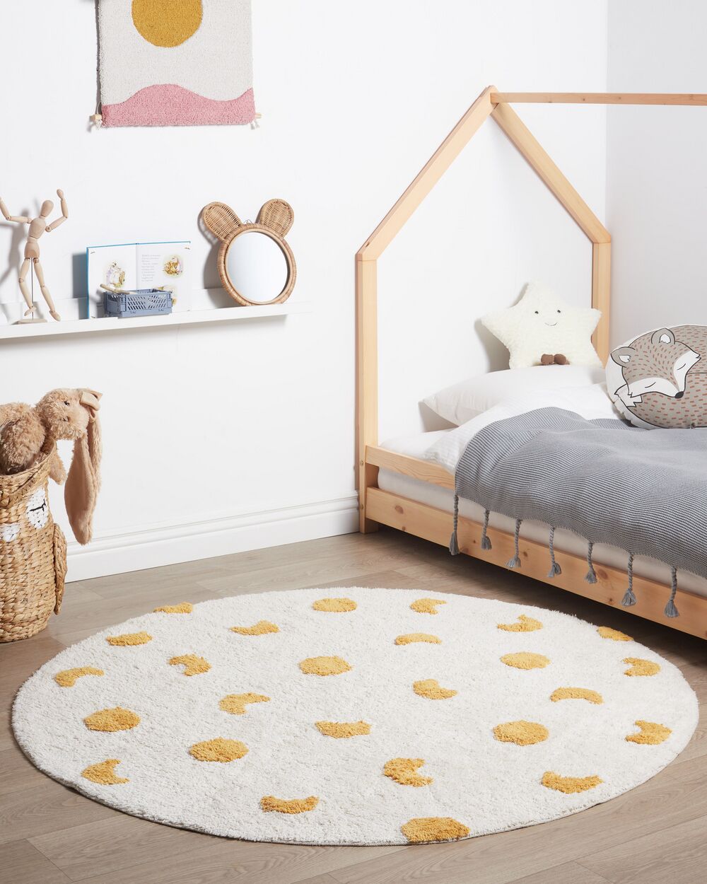 Tappeto in cotone beige chiaro e giallo ø 140 cm rotondo stile boho Soggiorno Bambini Camera dei bambini