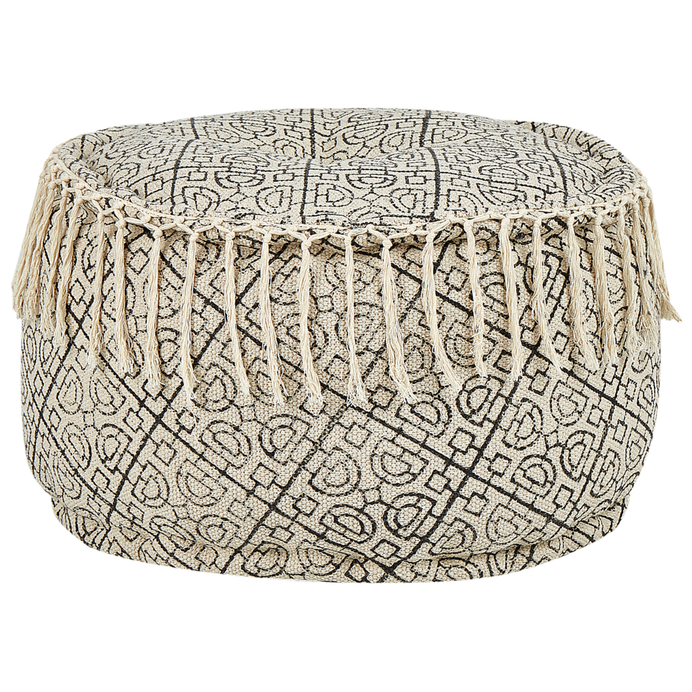 Pouf in cotone beige e nero 50 x 30 cm con motivo stampato Seduta decorativa fatta a mano in stile moderno Boho Soggiorno Camera da letto