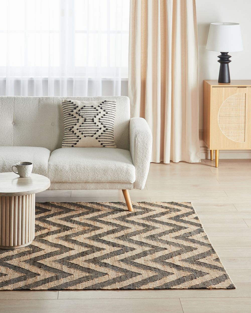 Tappeto di iuta naturale intrecciata con motivo geometrico beige e nero 160 x 230 cm stile boho camera da letto soggiorno
