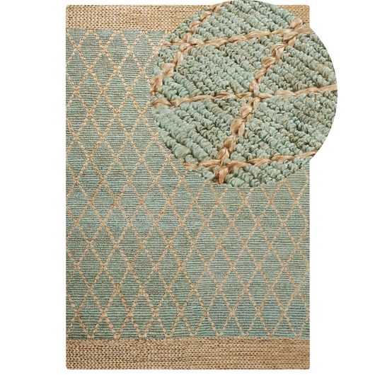 Tappeto Runner Verde e Beige Juta 200 x 300 cm Motivo geometrico Tessuto a mano Boho Corridoio Camera da letto