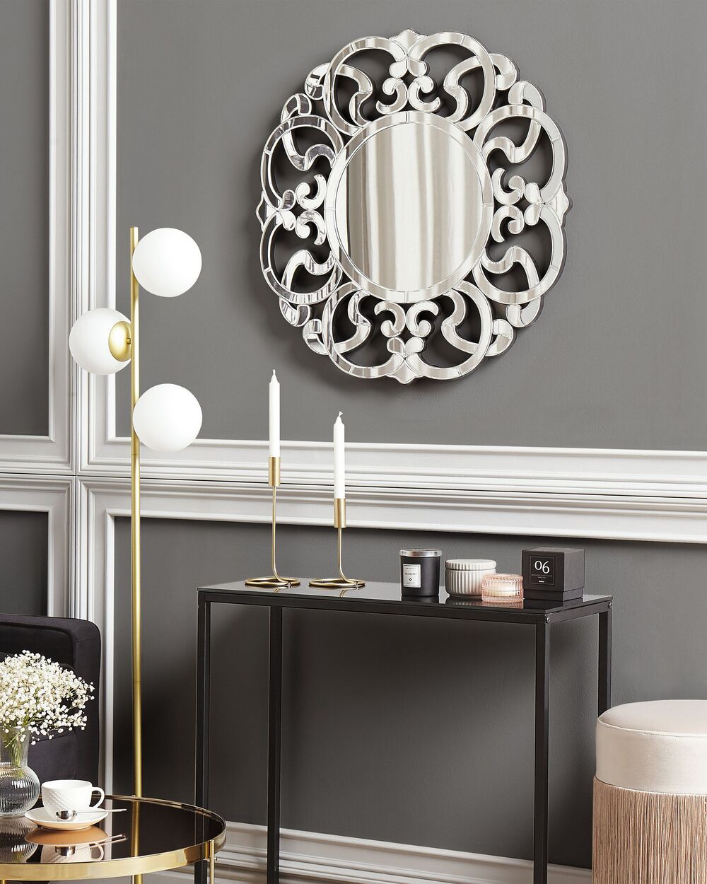 Specchio da parete argento 70 cm rotondo decorativo cornice irregolare soggiorno camera da letto vanità