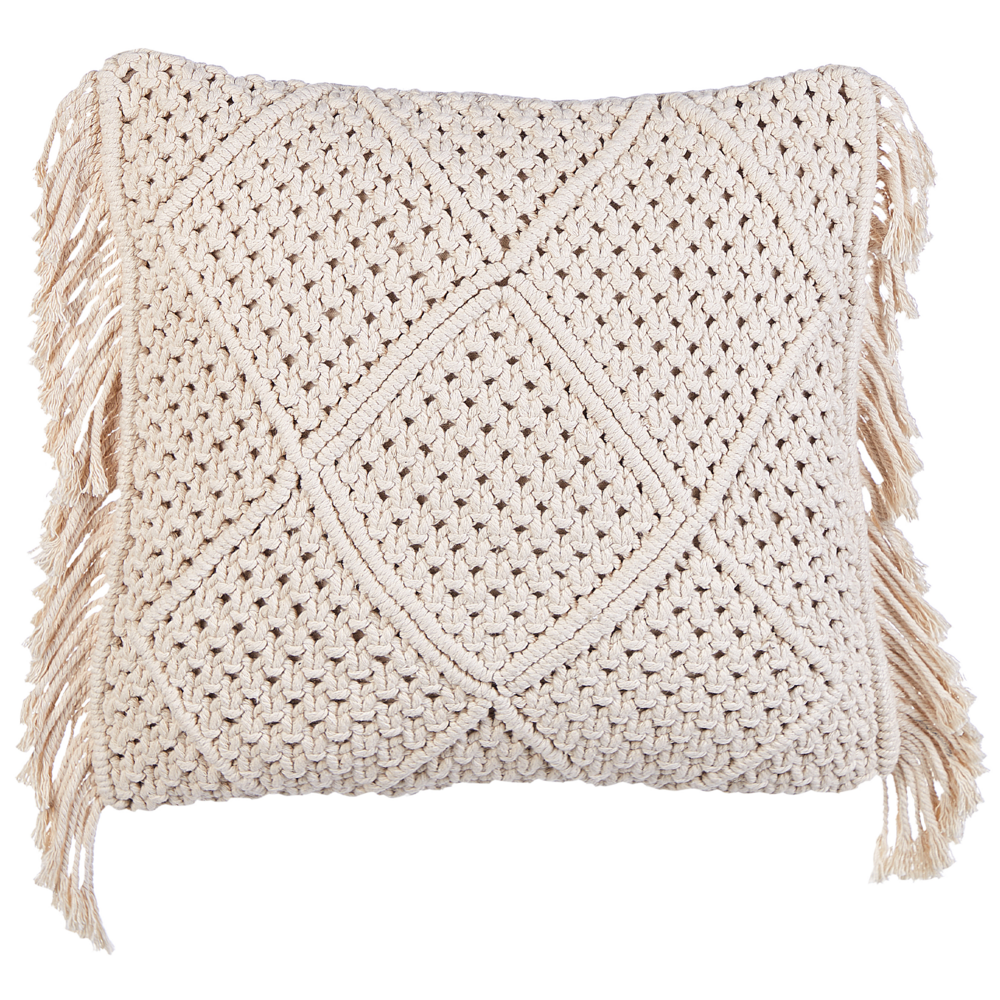 Set di 2 cuscini in cotone e macramè con motivo intrecciato e frange beige 45 x 45 cm stile boho elegante