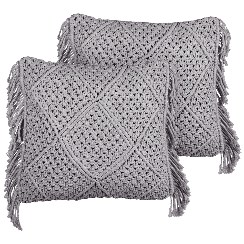 Set di 2 cuscini in cotone macramè con intrecciato con frange grigie 45 x 45 cm stile boho elegante