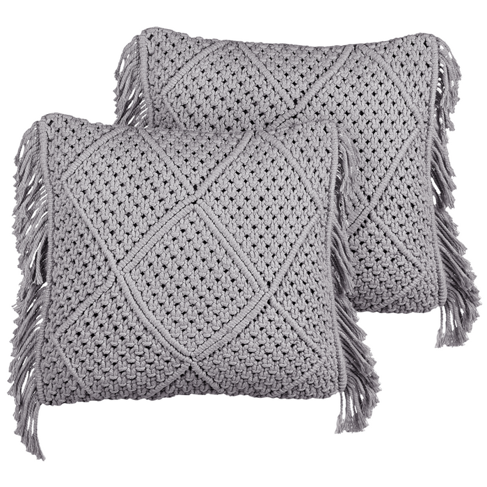 Set di 2 cuscini in cotone macramè con intrecciato con frange grigie 45 x 45 cm stile boho elegante