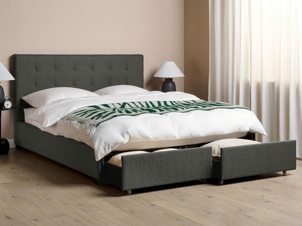 Letto contenitore matrimoniale imbottito grigio scuro con rete a doghe e cassetti 160 x 200 cm