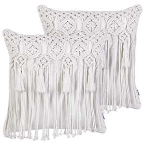 Set di 2 cuscini in cotone eacrame con motivo intrecciato bianco e frange 45 x 45 cm stile boho eleganti