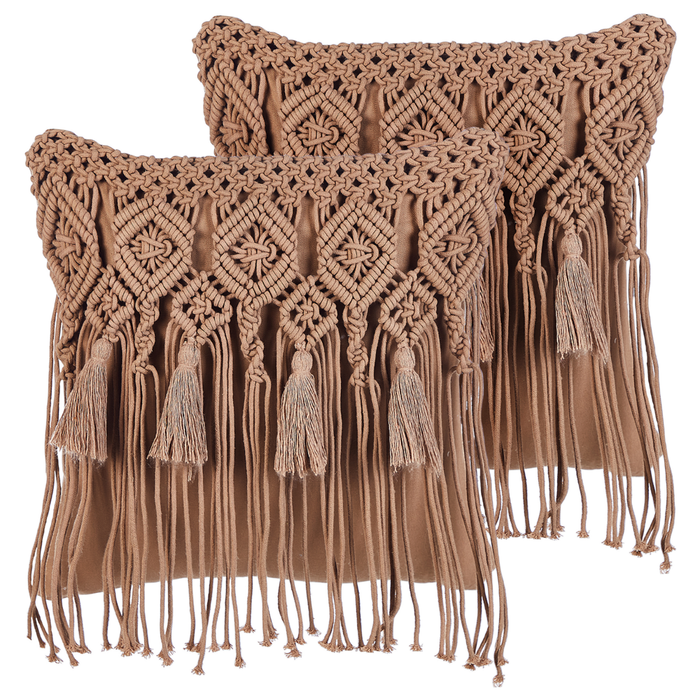 Set di 2 cuscini in cotone eacrame con motivo intrecciato marrone e frange 45 x 45 cm stile boho eleganti