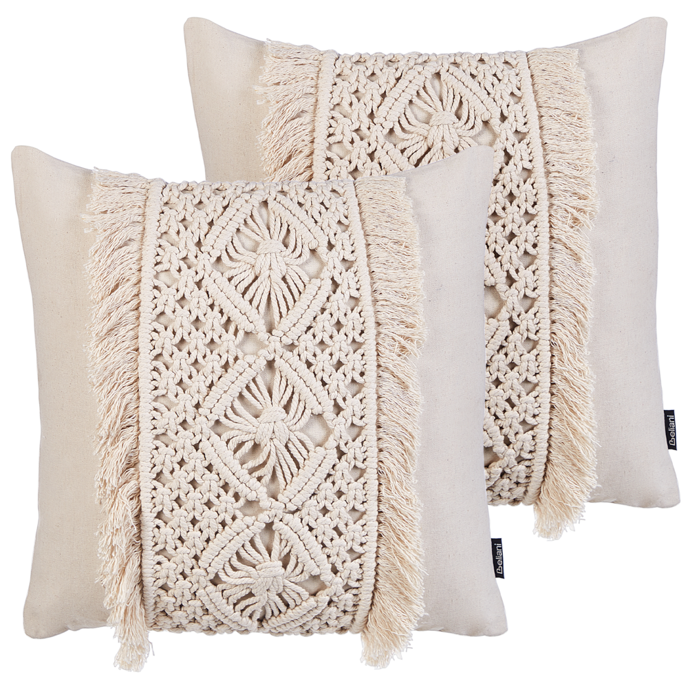 Set di 2 cuscini in cotone e macrame con motivo intrecciato e frange beige 45 x 45 cm stile boho elegante