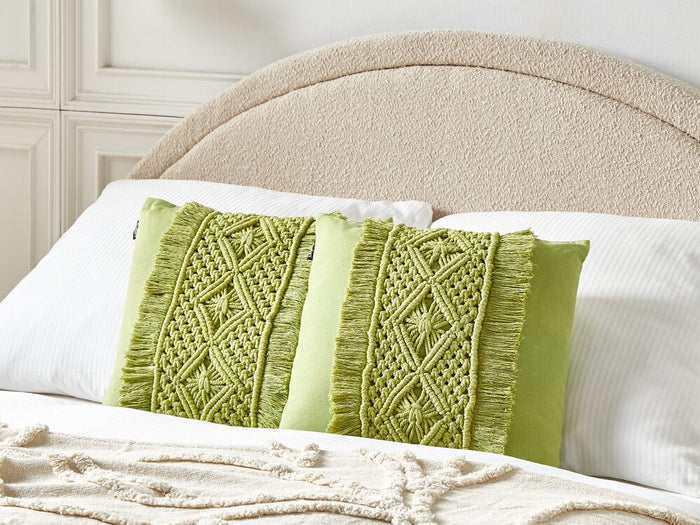 Set di 2 cuscini in cotone e macrame con motivo intrecciato e frange verde 45 x 45 cm stile boho elegante