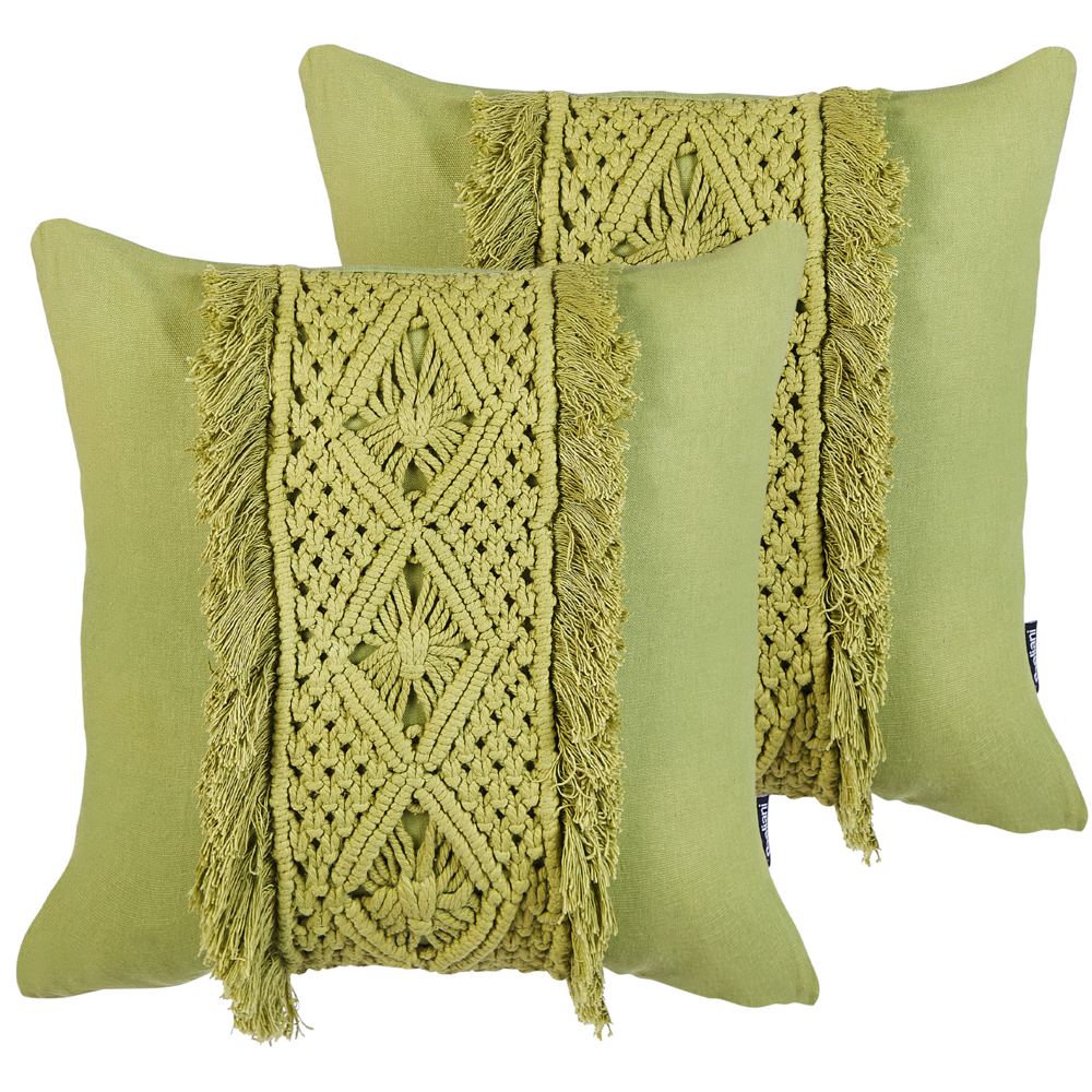 Set di 2 cuscini in cotone e macrame con motivo intrecciato e frange verde 45 x 45 cm stile boho elegante