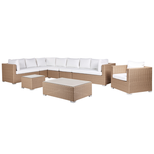 Set da giardino 8 posti in rattan color sabbia lato destro con cuscini beige Divano ad angolo Poltrona Tavolino da caffè