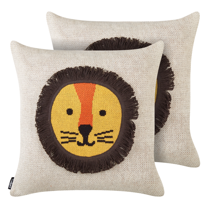 Set di 2 cuscini decorativi per bambini in cotone beige 45 x 45 cm con motivo a leone Accessorio per la camera da letto dei bambini