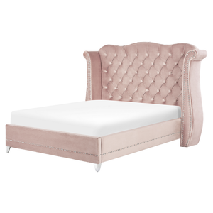 Letto in velluto color rosa 180 x 200 cm testiera alta decorata con bottoncini stile retrò e tradizionale