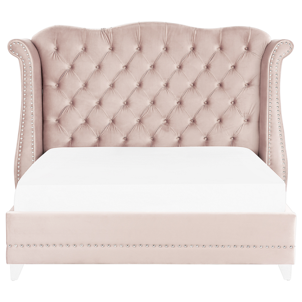 Letto in velluto color rosa 180 x 200 cm testiera alta decorata con bottoncini stile retrò e tradizionale