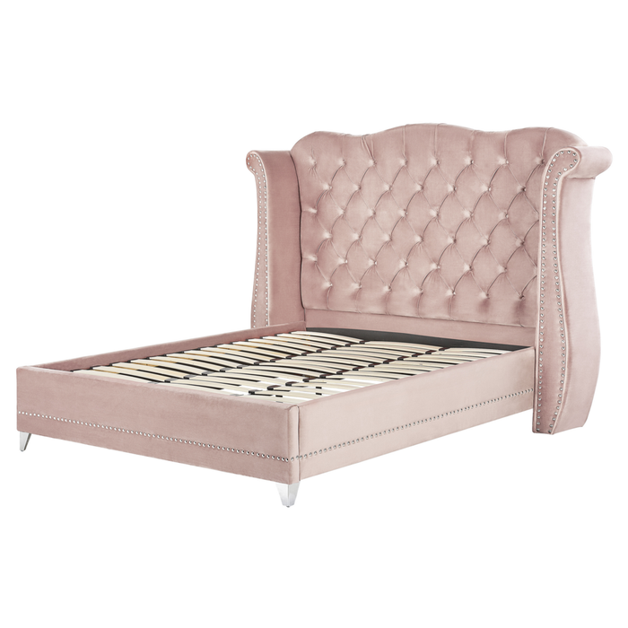 Letto in velluto color rosa 180 x 200 cm testiera alta decorata con bottoncini stile retrò e tradizionale