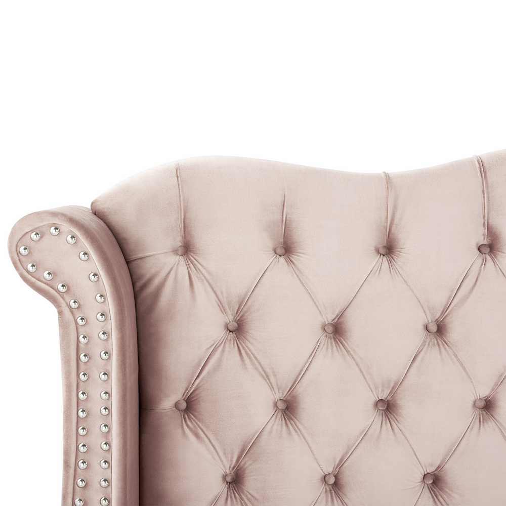 Letto in velluto color rosa 180 x 200 cm testiera alta decorata con bottoncini stile retrò e tradizionale