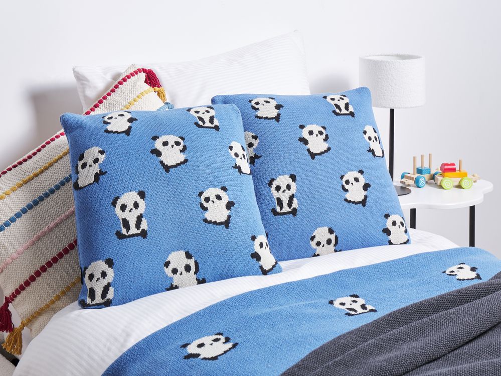Set di 2 cuscini decorativi per bambini con motivo a panda in cotone blu 45 x 45 cm accessori per la cameretta