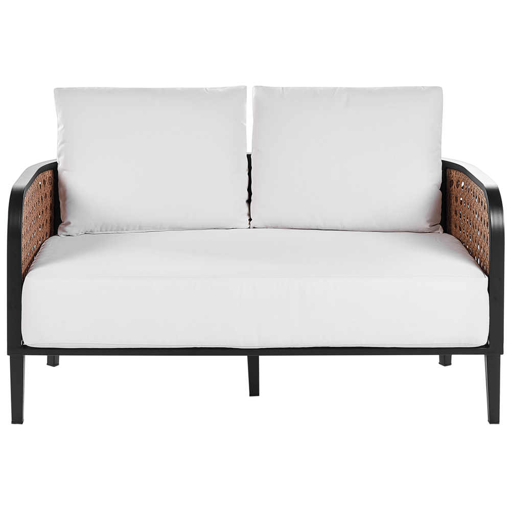 Divano da giardino a 2 posti in metallo e alluminio con spessi cuscini idrorepellenti bianco sporco esterno patio stile moderno