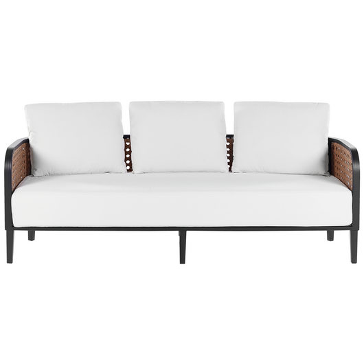 Set da giardino in metallo con divano 3 posti tavolino 2 poltrone Alluminio con cuscini idrorepellenti ad Intreccio viennese e schienale PE rattan Bianco sporco