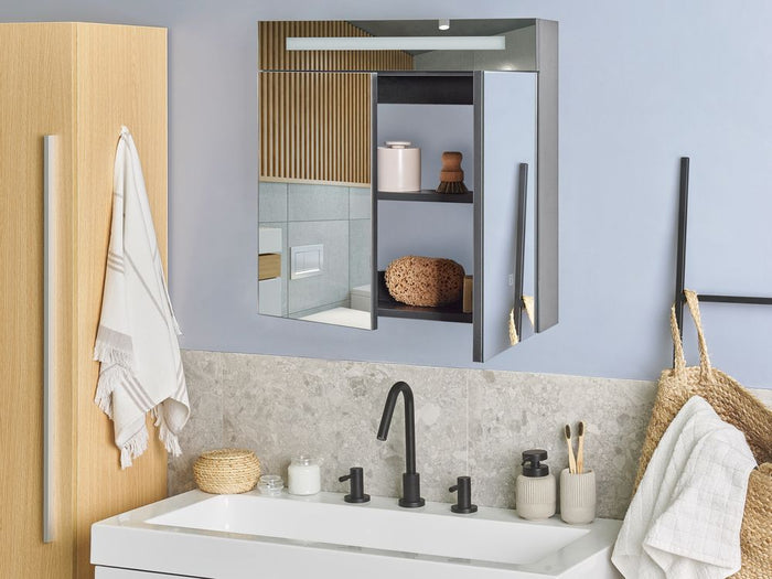 Specchiera da bagno in vetro nero e legno ingegnerizzato con LED 60 x 60 cm Design moderno