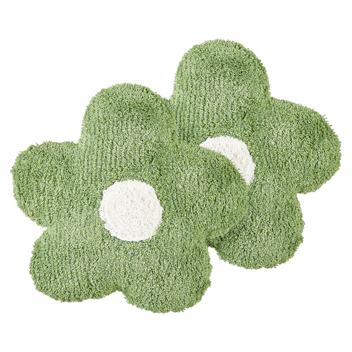Set di 2 cuscini decorativi per bambini in cotone verde a forma di fiore, decorativi a tema floreale.