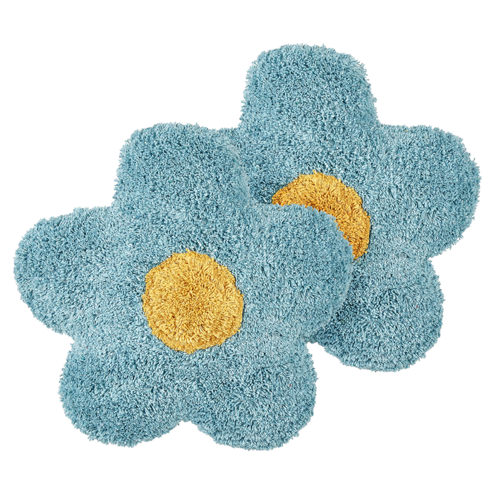 Set di 2 cuscini decorativi per bambini in cotone blu a forma di fiore, decorativi a tema floreale.