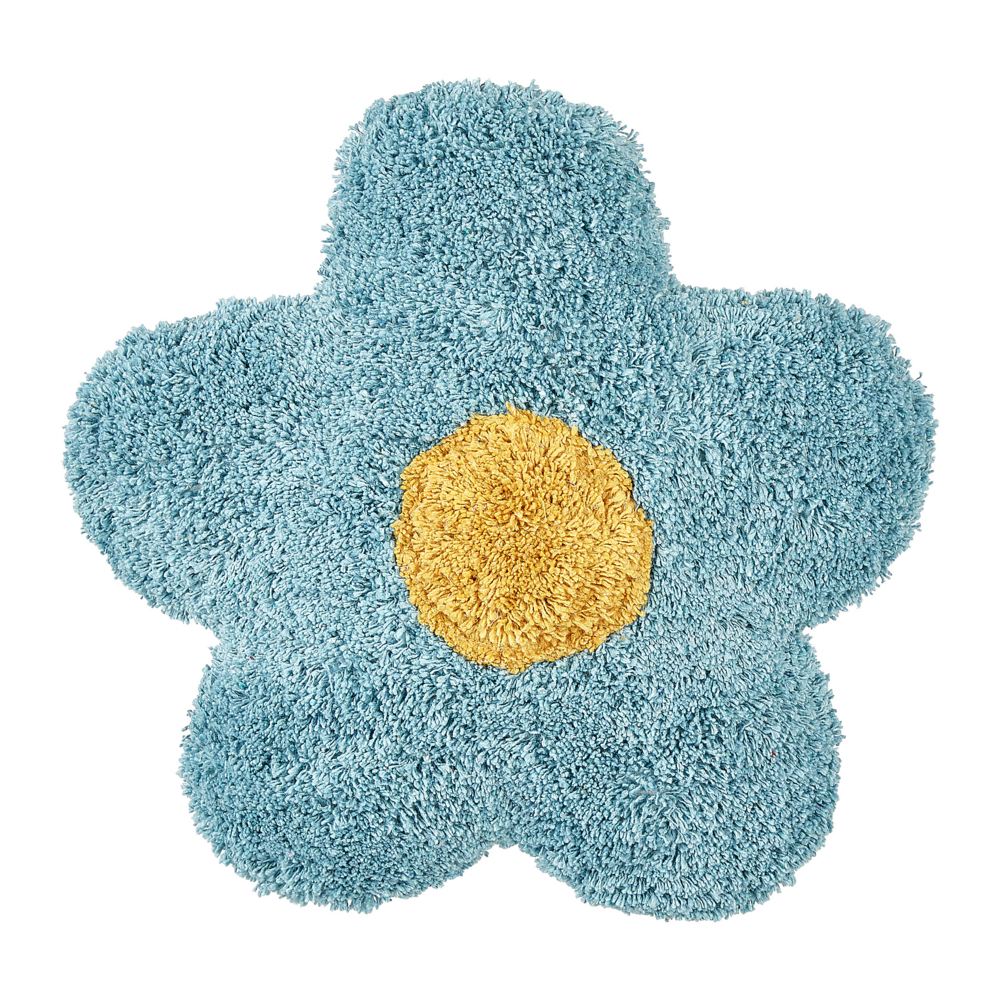 Set di 2 cuscini decorativi per bambini in cotone blu a forma di fiore, decorativi a tema floreale.