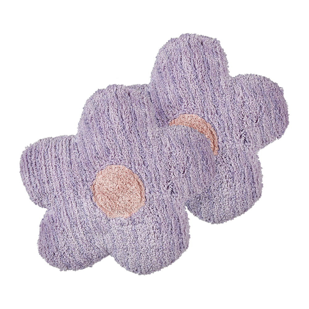 Set di 2 cuscini decorativi per bambini in cotone viola a forma di fiore, decorativi a tema floreale.