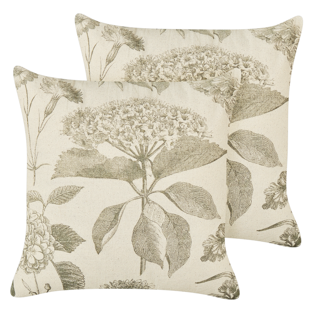 Set di 2 cuscini in cotone beige e verde  fatti a mano con stampa floreale 45 x 45 cm motivo con fiori elegante