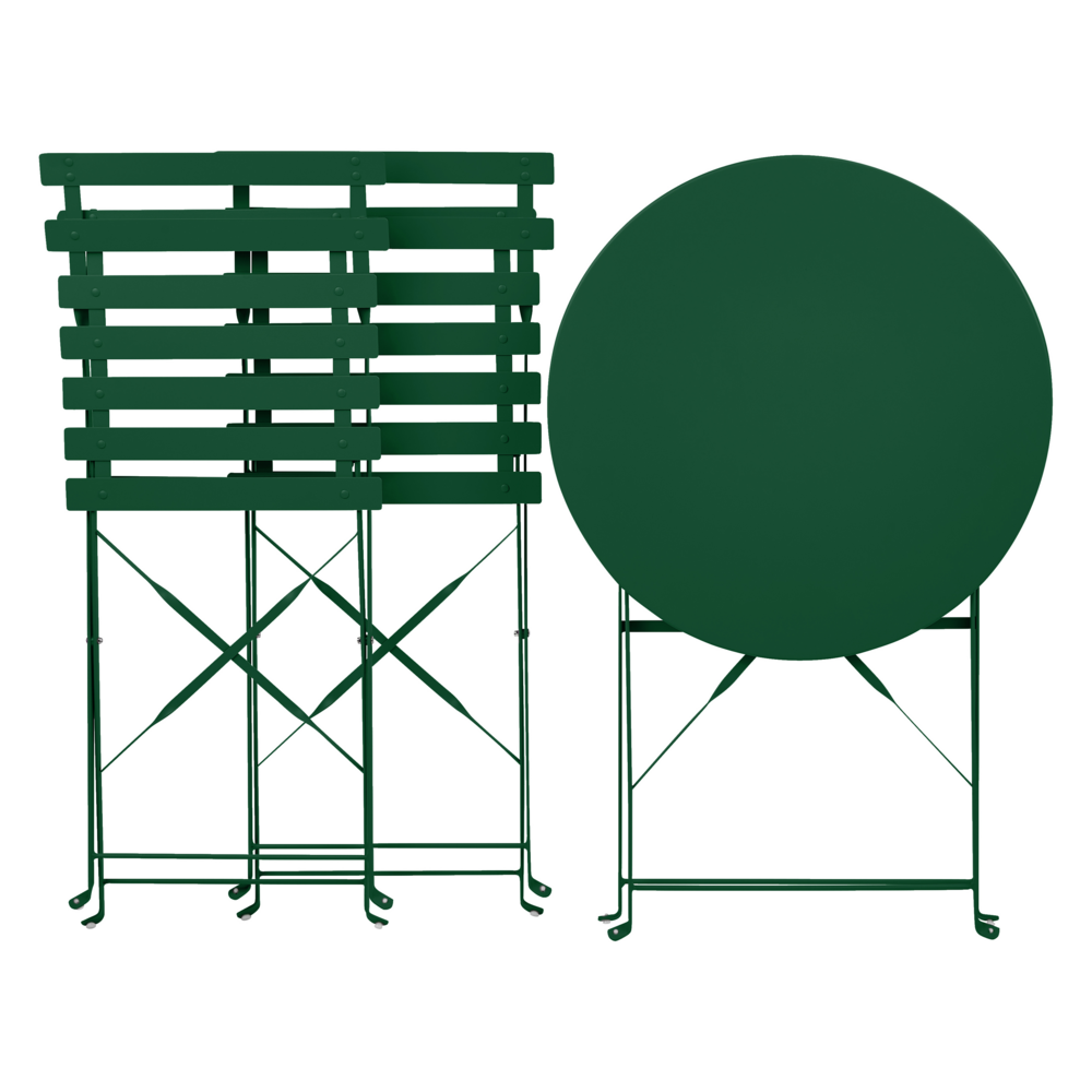 Set da bistrot 3 pezzi verde scuro in metallo pieghevole con schienale a doghe per esterni