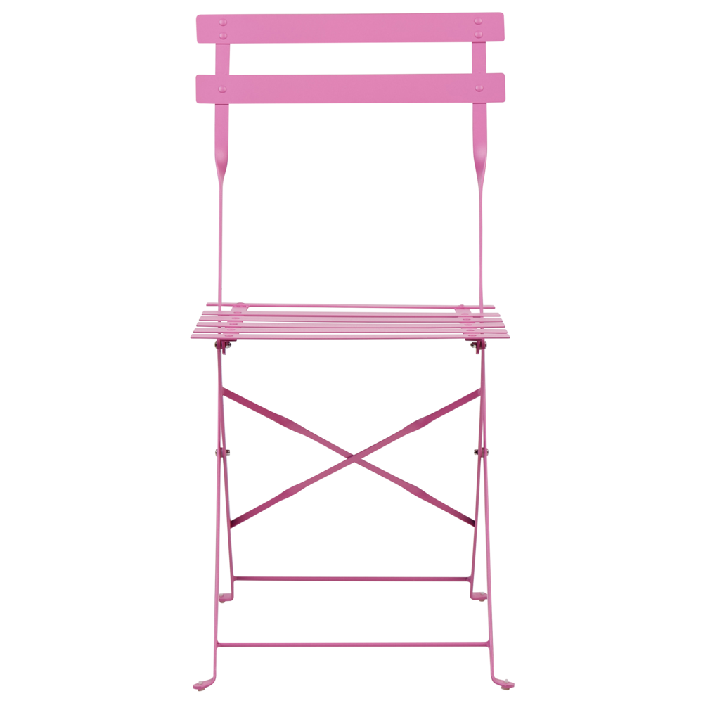 Set da bistrot 3 pezzi rosa in metallo pieghevole con schienale a doghe per esterni