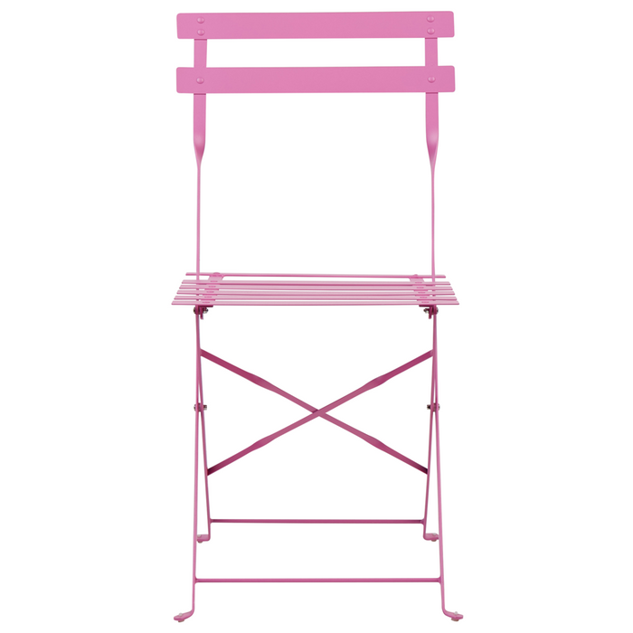 Set da bistrot 3 pezzi rosa in metallo pieghevole con schienale a doghe per esterni