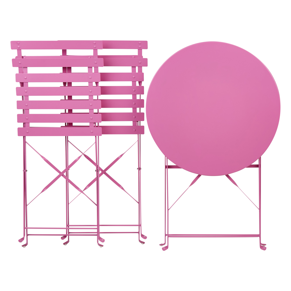 Set da bistrot 3 pezzi rosa in metallo pieghevole con schienale a doghe per esterni