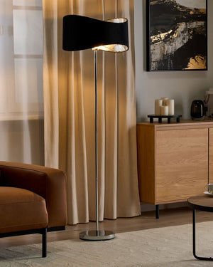 Lampada da terra in metallo con paralume in finta seta argento e nero stile moderno contemporaneo