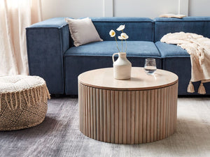 Tavolino moderno con contenitore e base rotonda in legno di mango chiaro soggiorno sala da pranzo contemporaneo