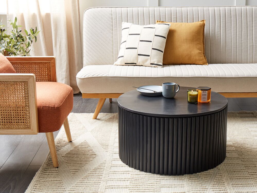 Tavolino moderno con contenitore e base rotonda in legno di mango scuro soggiorno sala da pranzo contemporaneo