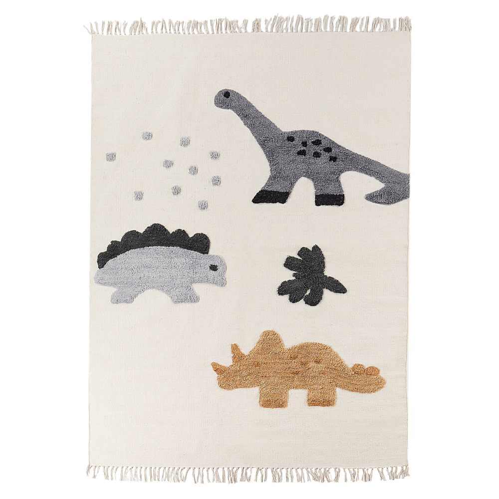 Tappeto per bambini in cotone beige 140 x 200 cm con motivo di dinosauro animale e nappe, tessuto a mano.