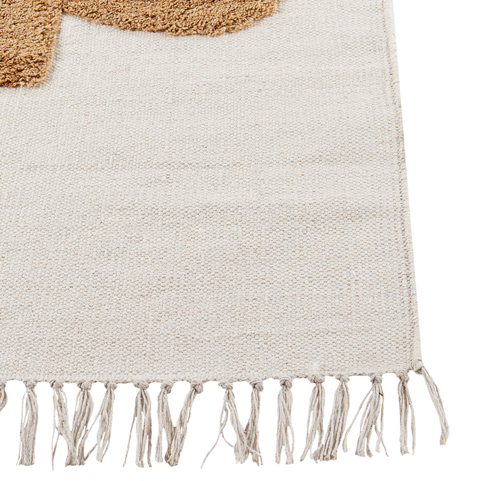 Tappeto per bambini in cotone beige 140 x 200 cm con motivo di dinosauro animale e nappe, tessuto a mano.