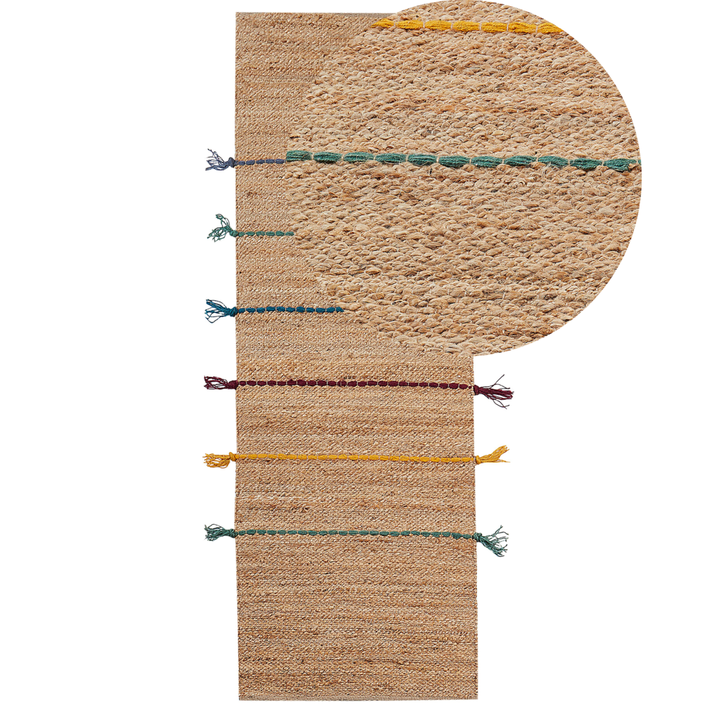Tappeto Runner Beige Juta 70 x 200 cm Fili colorati intrecciati a mano Boho per camera dei bambini corridoio camera da letto