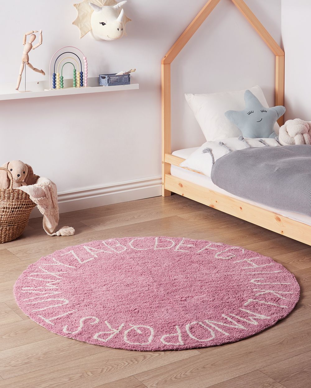 Tappeto Rosa Cotone ø 120 cm Rotondo fatto a mano con alfabeto stile Boho Soggiorno Bambini Camera dei bambini