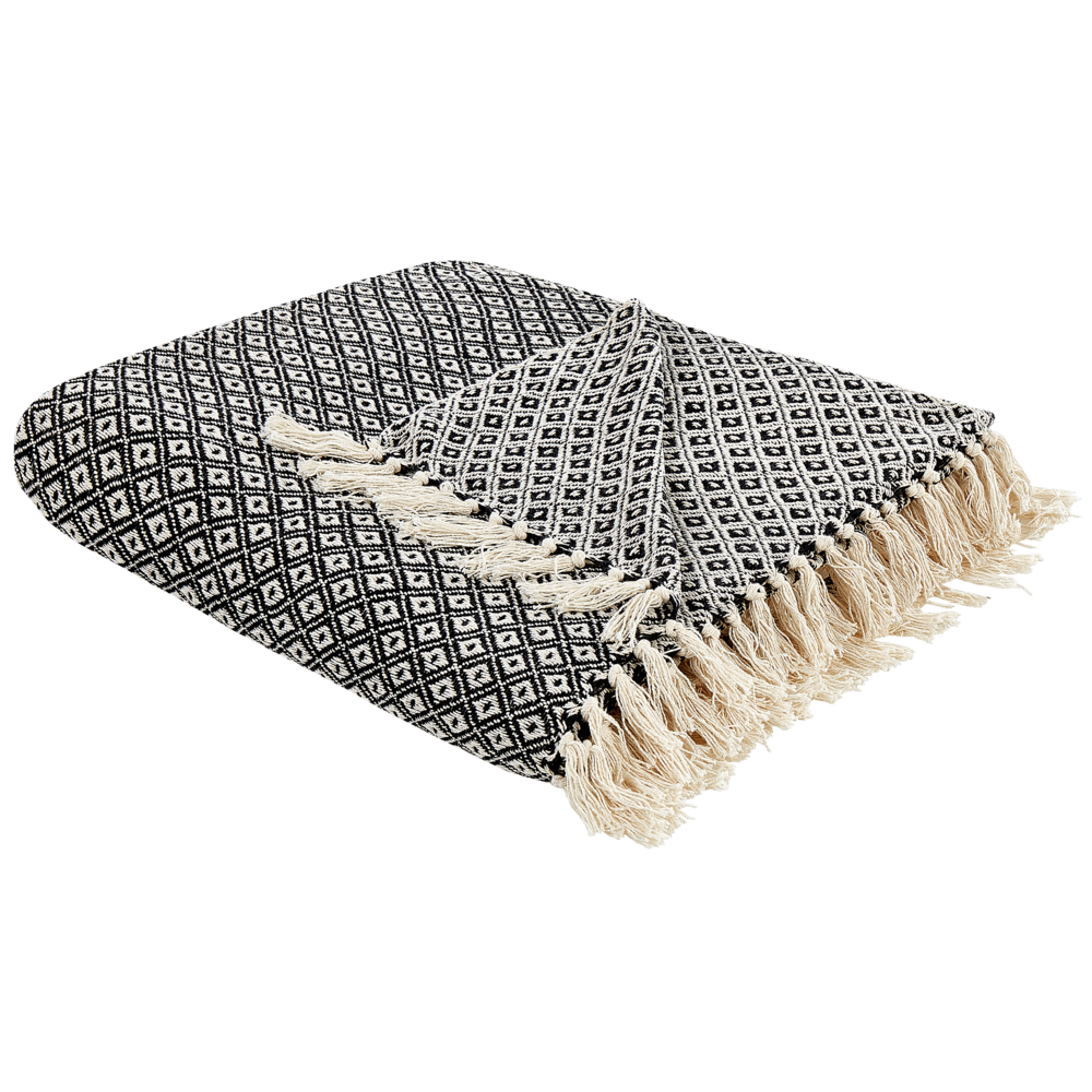 Plaid di cotone fatto a mano con motivo geometrico e nappe bianco e nero 200 x 220 cm copriletto soggiorno camera da letto divano