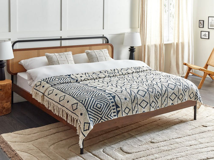 Plaid in cotone fatto a mano con motivo geometrico e nappe beige e blu marino 200 x 200 cm divano camera da letto soggiorno