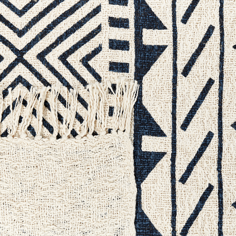 Plaid in cotone fatto a mano con motivo geometrico e nappe beige e blu marino 200 x 200 cm divano camera da letto soggiorno