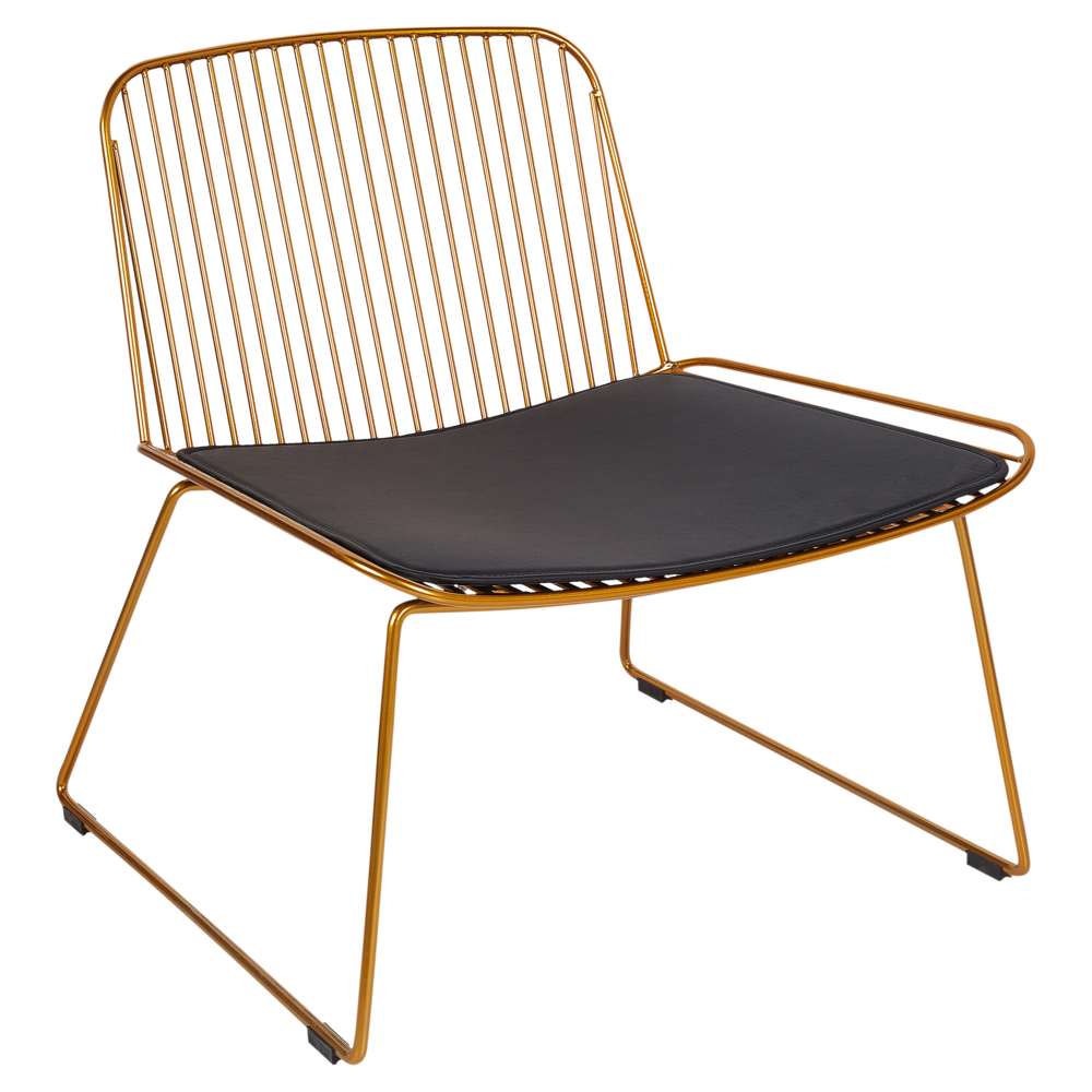 Sedia d'accento in metallo dorato con design a filo senza braccioli in ecopelle nera con cuscinetto Glam Industrial Modern