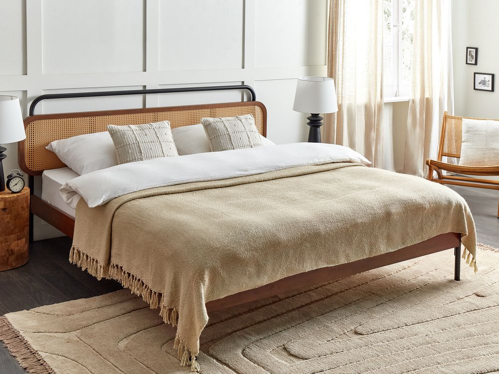 Coperta tessuta a mano con frange 200 x 220 cm beige stile classico morbida letto divano